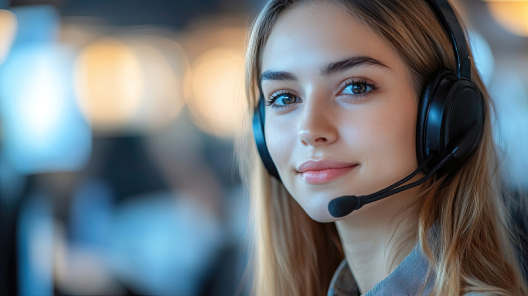 Smiling woman wearing a headset, representing how EMMA by QuantumLoopAI answers every patient call instantly for NHS GP surgeries, improving access and communication through AI reception technology.