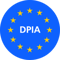 Blue circular DPIA compliance badge with yellow stars, representing QuantumLoopAI’s NHS data protection and privacy assurance for AI reception systems in GP surgeries.