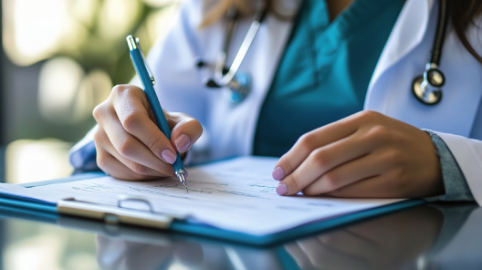 Doctor writing patient notes on a clipboard, representing the essential role of clinical input in AI GP reception systems like EMMA by QuantumLoopAI to ensure accuracy, safety, and NHS alignment.