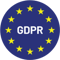 Blue circular GDPR compliance badge with yellow stars, representing QuantumLoopAI’s commitment to data privacy and security for NHS GP surgeries using AI reception technology.