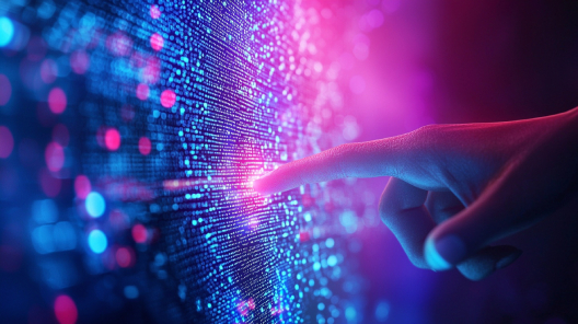 Finger touching a digital interface with glowing data points, representing how agentic AI technology from QuantumLoopAI is transforming GP surgeries through intelligent automation and real-time decision-making.