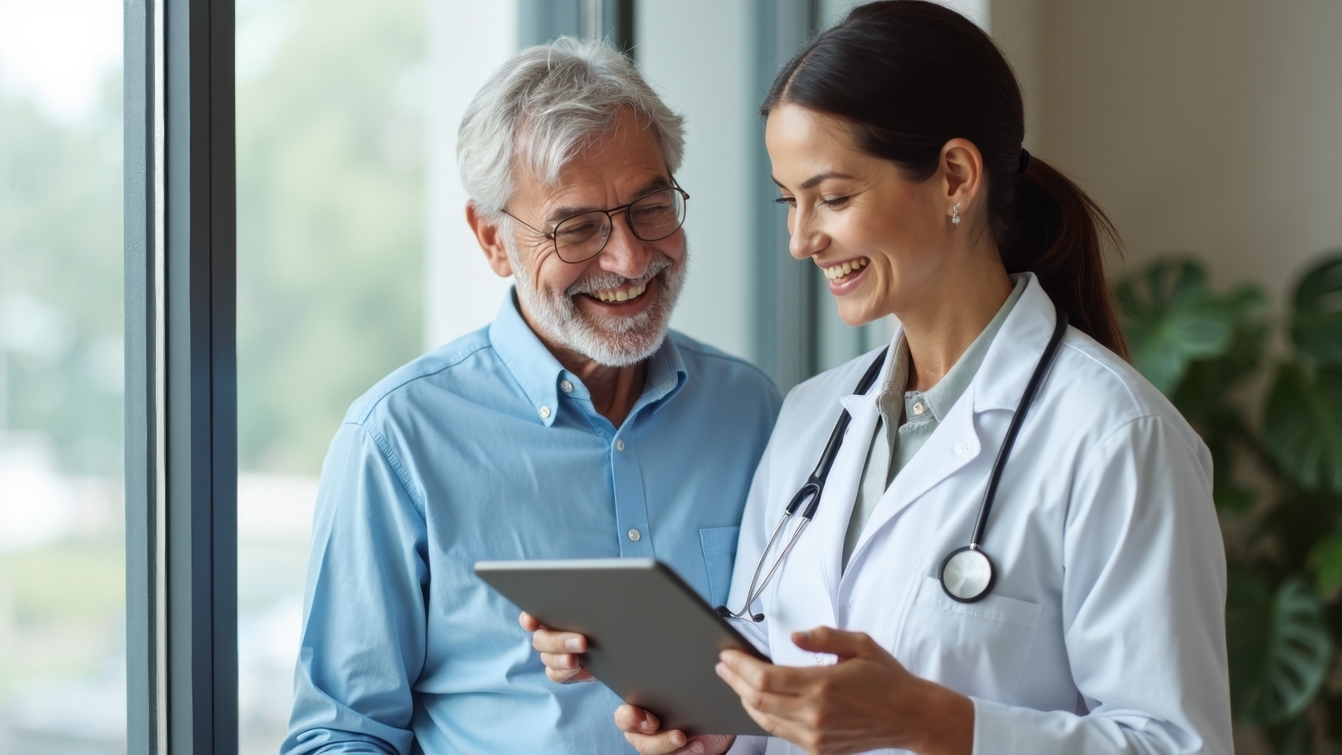 Smiling female GP showing a digital tablet to an older male patient, representing how EMMA by QuantumLoopAI helps NHS GP surgeries answer every patient call instantly through AI reception.