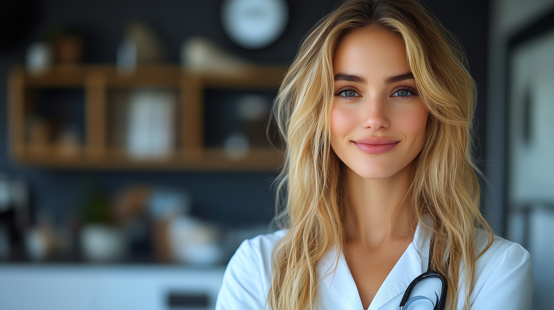 Smiling female doctor wearing a stethoscope, representing EMMA by QuantumLoopAI in action — the AI reception system transforming NHS GP surgeries with instant patient call handling.