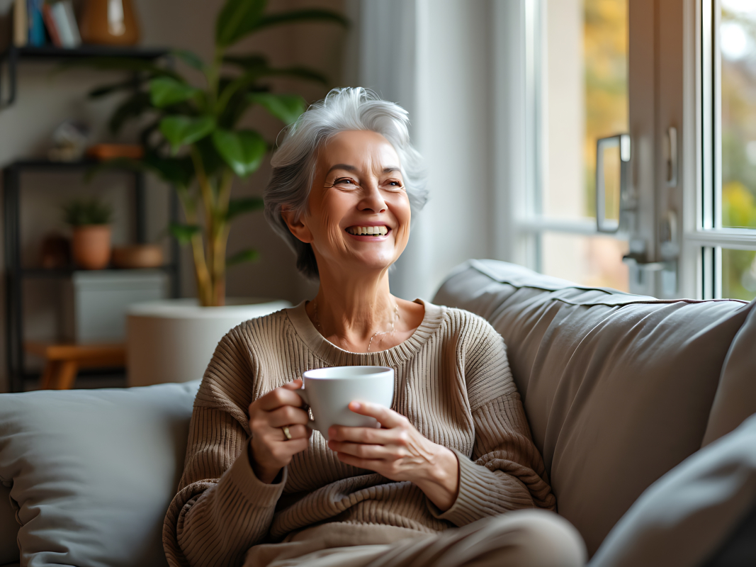 Smiling older woman holding a mug, representing how EMMA by QuantumLoopAI helps NHS GP surgeries answer every patient call instantly and improve access to care.