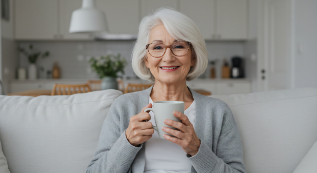 Smiling older woman sitting on a sofa holding a mug, representing how EMMA by QuantumLoopAI helps NHS GP surgery patients feel heard and access care more easily through AI reception technology.