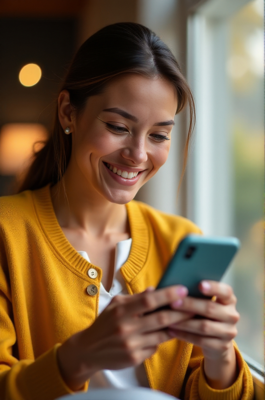 Smiling woman in a yellow cardigan looking at her smartphone, representing how EMMA by QuantumLoopAI helps NHS GP surgery patients get answers to common questions easily through AI reception and secure communication.
