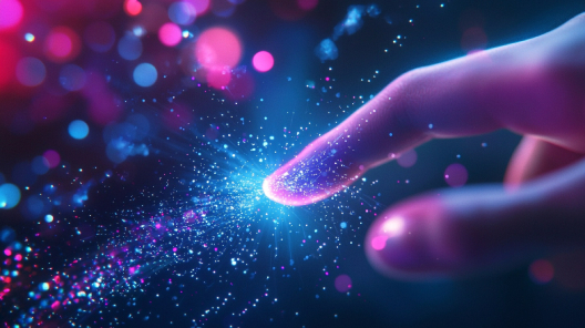 Finger touching a burst of glowing digital light particles, symbolising how agentic AI from QuantumLoopAI connects intelligent systems to revolutionise GP surgeries and NHS patient communication.
