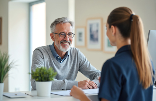 Smiling GP practice manager discussing finances with a colleague, representing how EMMA by QuantumLoopAI delivers financial benefits and smarter staffing for NHS surgeries through AI-powered efficiency.
